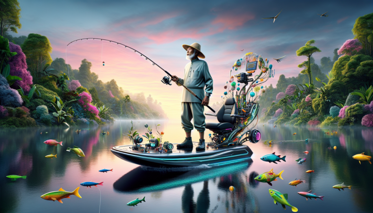 An experienced fisherman in futuristic gear standing on a sleek, modern boat, casting a line into a serene lake at sunrise, with high-tech fishing equipment and an array of advanced fishing lures disp