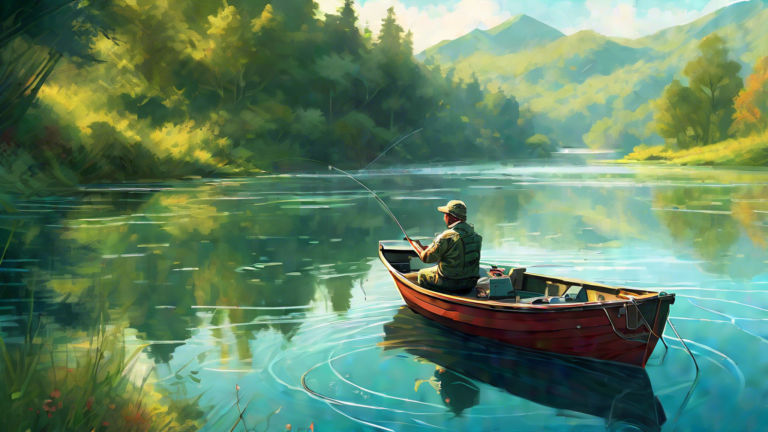 An early morning digital painting of an angler in a small boat on Eagle Mountain Lake, surrounded by serene water and lush greenery, casting a fishing line into sparkling waters, with a detailed map o