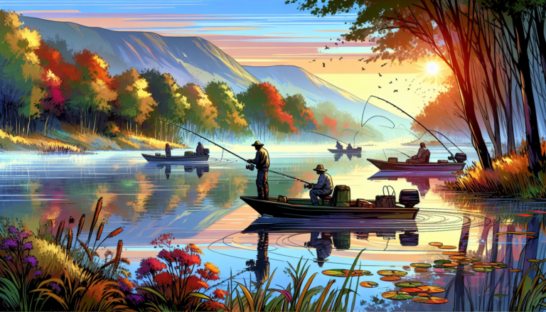 A serene lake at sunrise filled with bass boats, with fishermen casting lines amid vibrant autumn foliage and mist rising from the water, in a picturesque landscape ideal for bass fishing.