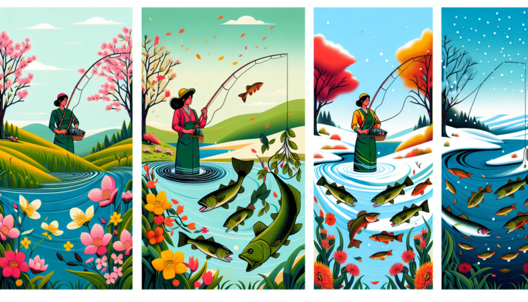 An illustrated guide showing a fisherman in different seasonal environments, catching bass in spring, summer, autumn, and winter, portrayed in one continuous landscape divided into four sections, each