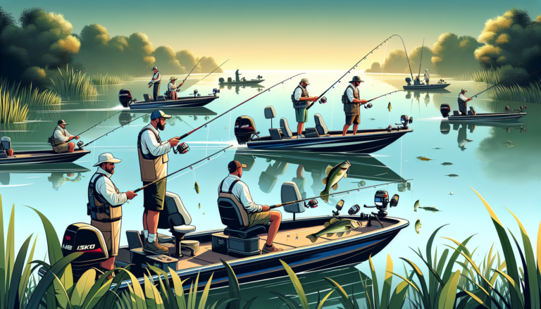 An early morning scene on a serene lake, showing a diverse group of fishermen wearing professional gear in their boats, each using different techniques to compete in a bass fishing tournament, with lu