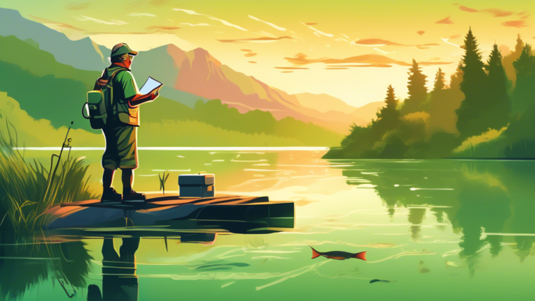 An experienced fisherman on a serene Eagle Mountain Lake at sunrise, holding a fishing guide book and pointing towards a group of large bass jumping out of the water, with lush green hills in the back