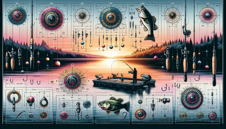 An illustrated guide showing various essential bass fishing rigs, complete with diagrams of techniques and tips, set against a backdrop of a serene lake at dawn.