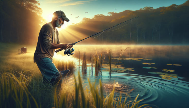 An experienced fisherman on a serene lake at dawn demonstrating essential techniques for bass fishing, with clear views of fishing gear, techniques in action, and a scenic natural environment.