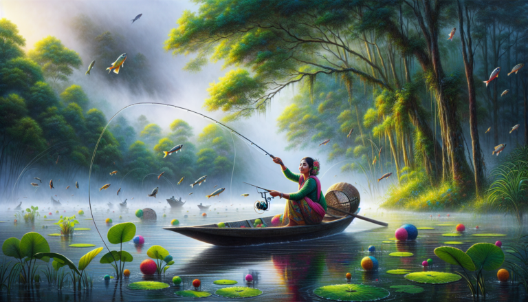 An early morning serene lake setting showcasing a person in a small boat, skillfully casting a fishing line, surrounded by lush green foliage and mist rising from the water, with a focus on detailed,