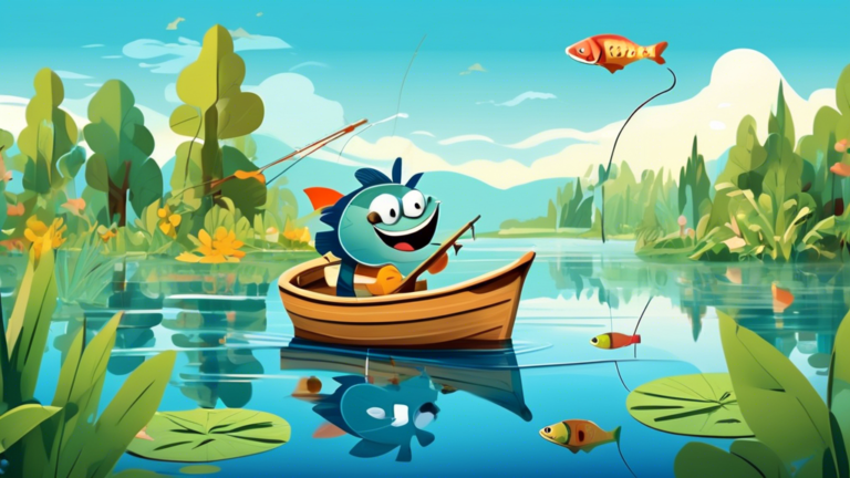 An animated scene at a tranquil lake, with cartoon bass fish laughing and sharing jokes around a wooden fishing boat, where a cheerful fisherman with a fishing rod joins in the fun, surrounded by lush