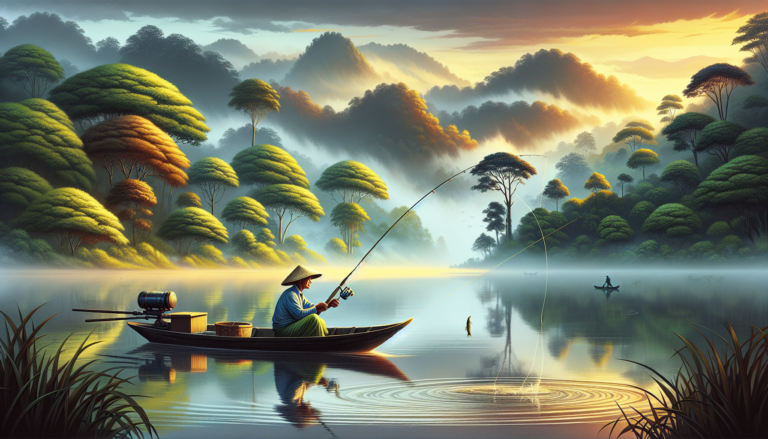 An early morning scene on a serene, mist-covered lake, with a middle-aged fisherman in a small boat casting a line. The surrounding landscape shows lush green forests and a rising sun in the backgroun