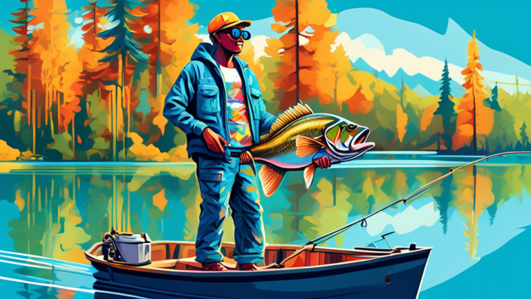 A vibrant digital painting of a person in a fishing tournament, wearing a cap and sunglasses, triumphantly holding a large bass while standing on a boat with the lake and forest in the background, und