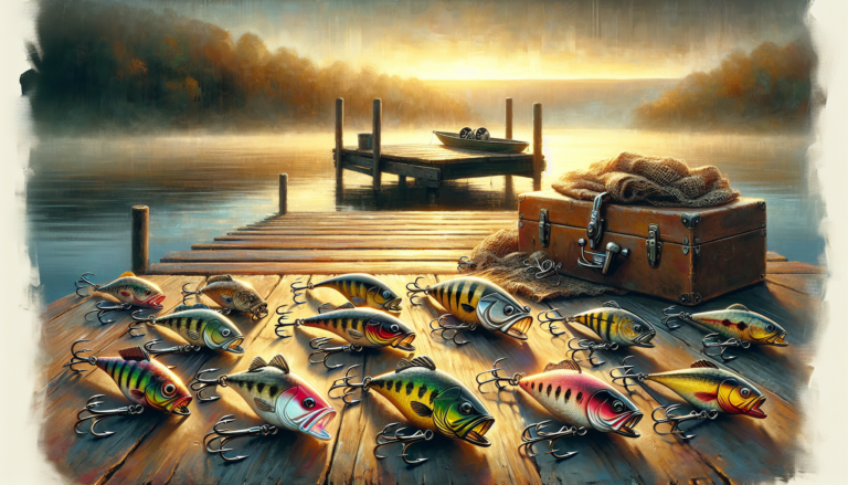 An assortment of top bass fishing lures arranged neatly on a rustic wooden dock, early morning light casting golden hues over the scene, with a misty lake in the background.