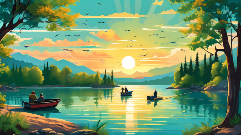 Serene sunrise over Eagle Mountain Lake with fishermen in boats and on the shore, surrounded by lush green trees and clear blue water, showcasing various popular fishing spots.