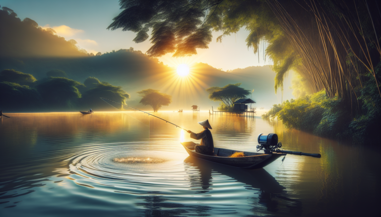 An early morning serene lake with a fisherman in a small boat, skillfully casting a line into glistening water, surrounded by lush green trees and a rising sun in the background. The image emphasizes