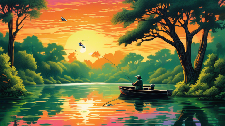 A serene Texan lake at sunrise, with a lone fisherman in a small boat casting a line, surrounded by lush green trees and a variety of bass fish leaping out of the water, stylistically vibrant and deta
