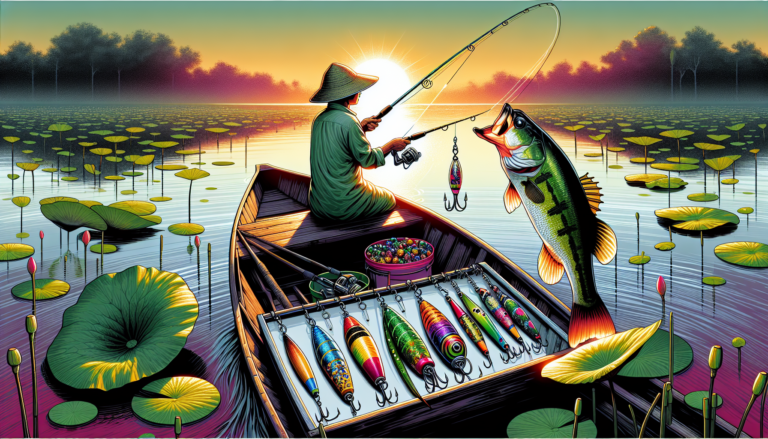 An experienced angler in a serene lake at sunrise, skillfully casting a line from a small boat surrounded by lily pads, with a detailed focus on a variety of fishing lures and a largemouth bass jumpin