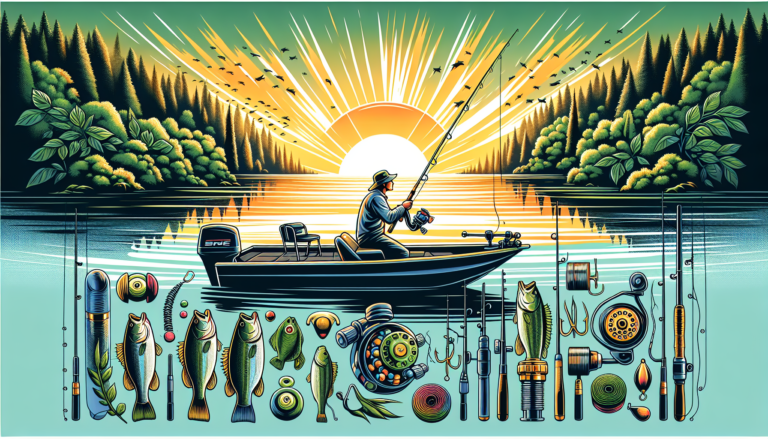 An illustration of a serene lake at dawn, with a fisherman in a small boat, expertly casting a line. The scene captures a variety of bass fishing gear lying next to him, demonstrating different techni