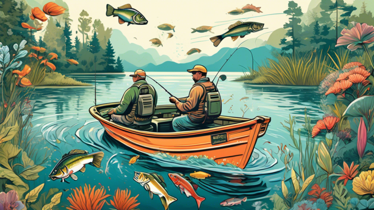 An illustration comparing bass fishing in a freshwater lake and a coastal saltwater environment, showing two fishermen, each in their own boat, equipped with specific gear for each water type, with a