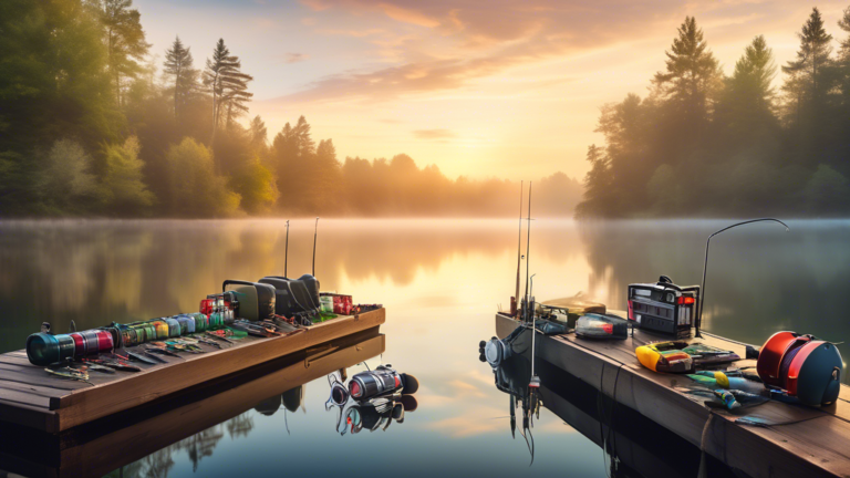 An array of essential bass fishing gear laid out neatly on a wooden dock overlooking a serene lake during sunrise, including rods, reels, tackle boxes, lures, and fishing line, with a misty background