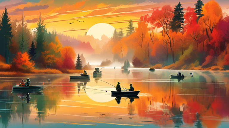 An intense scene at a bass fishing tournament, with competitors in boats casting lines at sunrise on a serene lake, surrounded by mist and vibrant autumn colors.