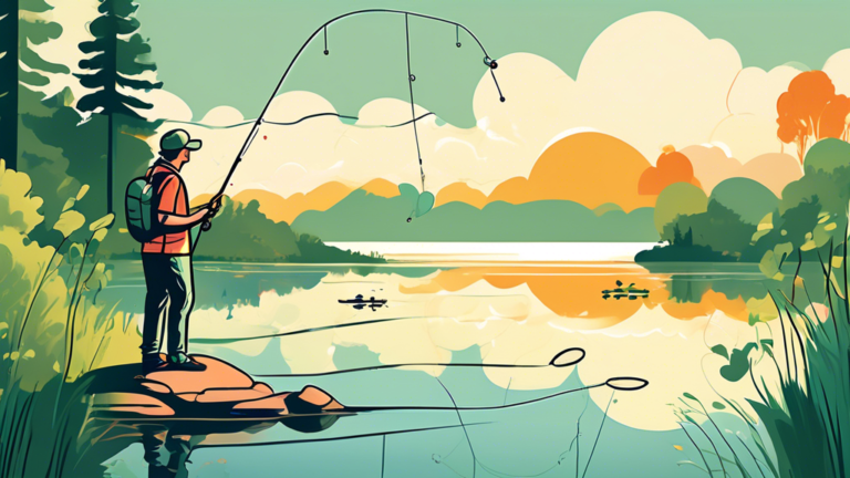 An illustrated guide showing a beginner holding a fishing rod at a serene lake, with steps and tips on bass fishing floating above in comic-style thought bubbles, early morning light casting gentle re