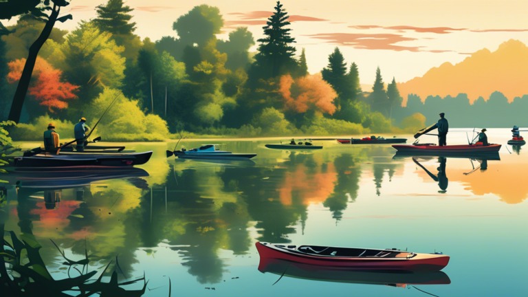 A serene lake scene at dawn, featuring a variety of bass fishing boats and kayaks neatly lined up on the shore, surrounded by lush greenery and reflected in the calm water, with a fisherman in the for