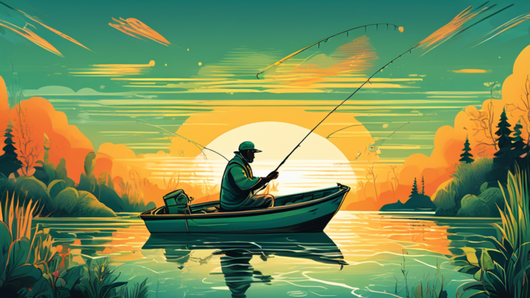 An illustration of a fisherman in a small boat, equipped with various fishing gear, casting a line in a dynamic, lushly illustrated landscape showing different water conditions: clear and murky water,