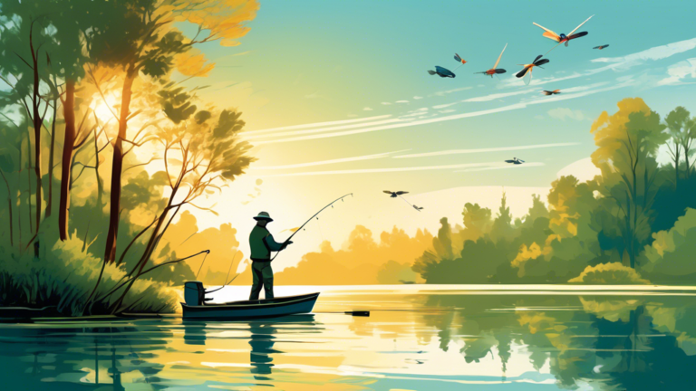 Create an image of a serene lake at sunrise, with a fisherman in a small boat casting a line, surrounded by lush green trees and clear blue skies. The fisherman is focused with determination, wearing