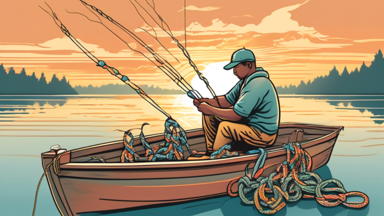 Illustration of a person in a fishing boat demonstrating how to tie various fishing knots, with close-up insets showing detailed steps for tying each knot, including the Palomar knot, the Improved Cli