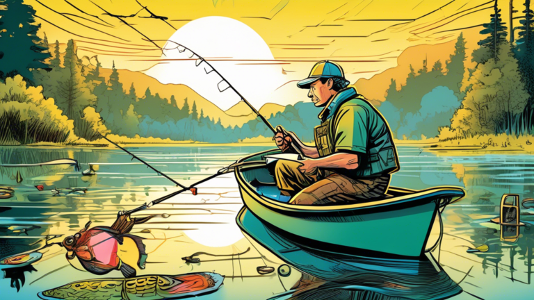 An expert fisherman in a serene lake, demonstrating advanced bass fishing techniques from a small boat at dawn, with detailed illustrations of fishing gear and bait floating around him, in a vibrant,