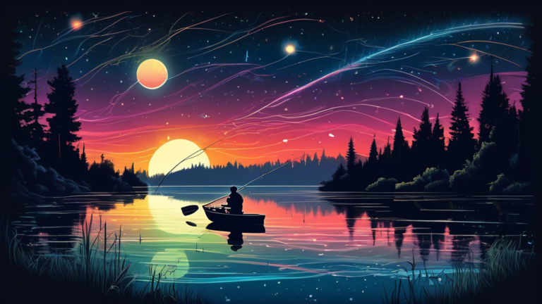 Peaceful moonlit lake with a fisherman in a small boat, using glowing lures for night bass fishing, surrounded by tranquil dark waters and distant forest silhouettes under a starry sky.