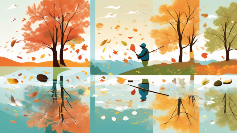 An illustrated guide showing a fisherman on a serene lake during different seasons, catching bass, with each season represented in each quadrant of the image: spring with blooming trees, summer with b