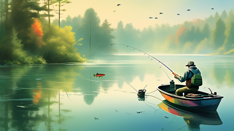 A serene early morning scene on a tranquil lake with mist hovering over the water, showing an angler in a small boat casting a line near the lush, verdant shoreline, with a variety of fishing gear and