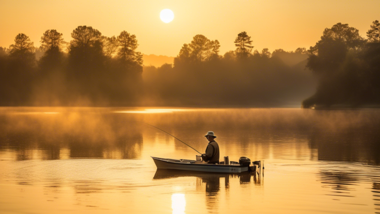 An early morning serene lake setting with a fisherman in a small boat, skillfully using live bait to catch bass. The sun is rising in the background, casting a soft golden glow over the water. The fis