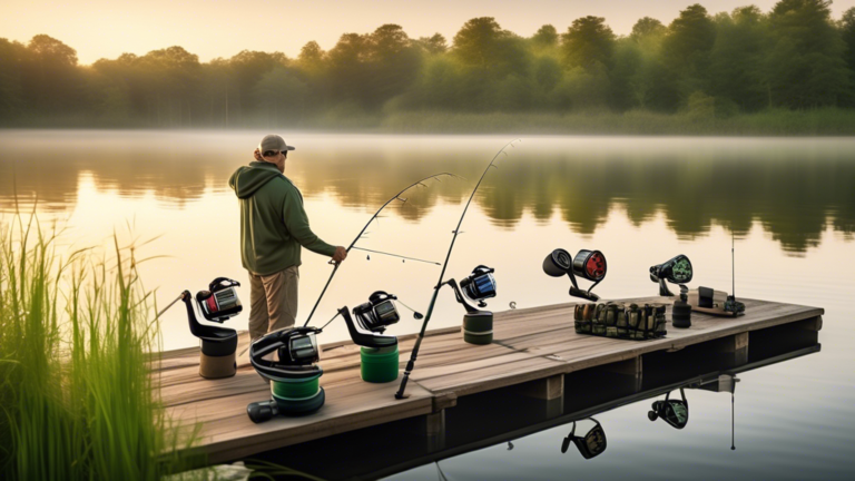 Create an image of a serene lake at sunrise, with a variety of the best bass fishing rods and reels neatly displayed on a wooden dock. Each item is labeled clearly, showing their brand and model, and
