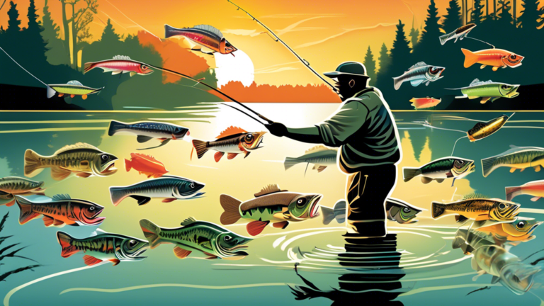 An illustrated guide displaying a variety of the best bass fishing lures, each distinctively designed for different water conditions and times of day, set against a tranquil lake background with a fis