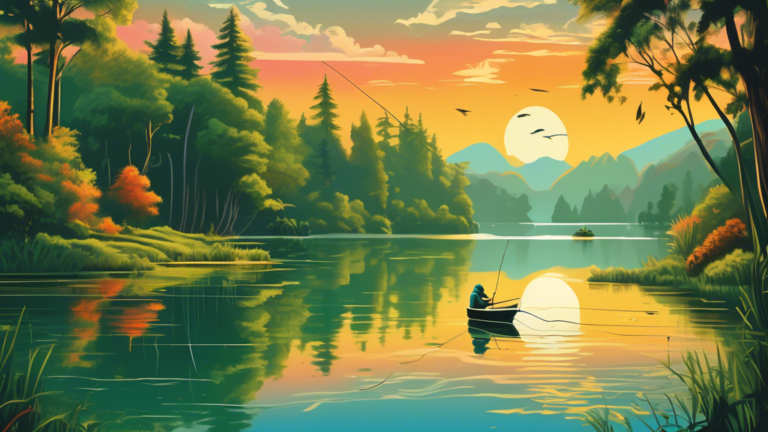 Serene lake surrounded by lush greenery with a fisherman on a boat casting a line at sunrise, showcasing various famous bass fishing destinations around the world illustrated on floating signposts.