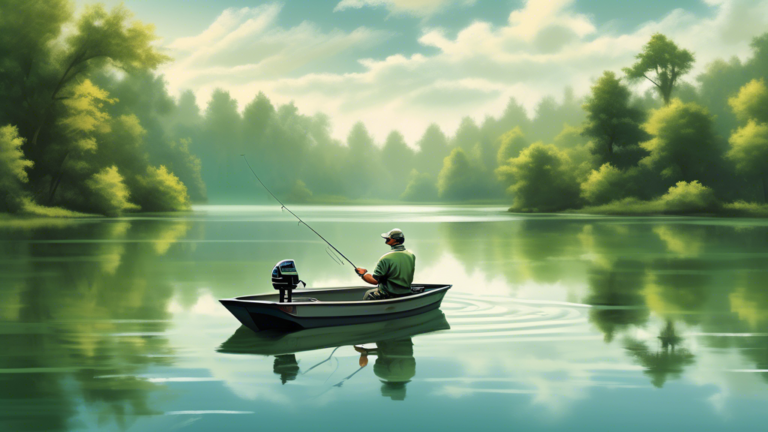 An early morning serene lake scene featuring an angler in a small boat using topwater lures to fish for bass, demonstrating various casting techniques under a lightly clouded sky with lush green trees
