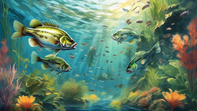 An underwater scene illustrating various bass fish exhibiting unique behaviors in a lush freshwater habitat, with detailed annotations describing each behavior, surrounded by aquatic plants and sunlig