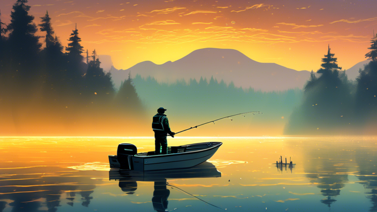An illustration of a person standing in a boat on a misty lake using advanced electronic fishing gear with integrated sonar technology that displays fish locations for improved bass fishing, with the