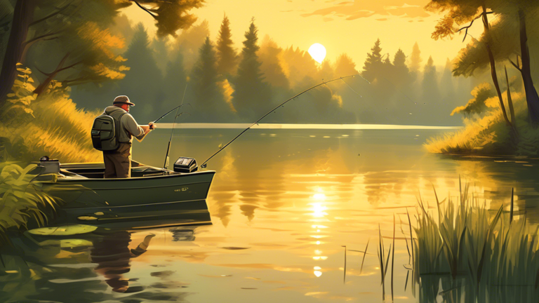 Create an illustrative scene of an angler fishing from the bank of a serene lake, surrounded by lush trees and vegetation. The angler stands confidently with a fishing rod, a tackle box nearby, as the