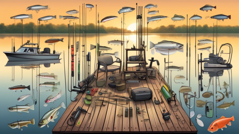 An illustration of various bass fishing rigs neatly laid out on a wooden pier by a serene lakeside at sunrise. The image includes detailed depictions of different types of rigs, such as Texas rigs, Ca