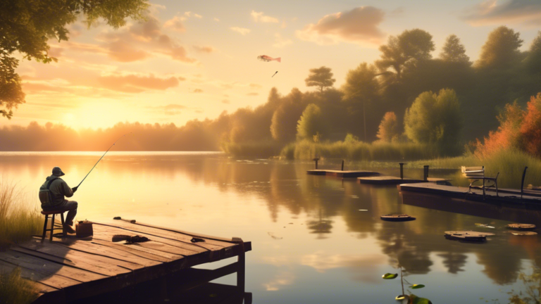 Create an image of a serene lakeside scene at sunrise with a beginner fisherman standing on a wooden dock, holding a fishing rod aimed at the water. Detailed instructions for bass fishing, including types of lures and bait, fish location strategies, and casting techniques, are scattered in small icons throughout the background. In the water beneath the fisherman, show a large bass fish swimming near some underwater vegetation.