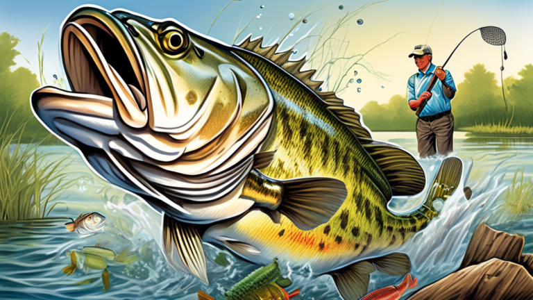 Create a detailed and vibrant illustration showcasing various types of bass found in Texas waters. Highlight the unique features and habitats of species such as largemouth bass, smallmouth bass, strip