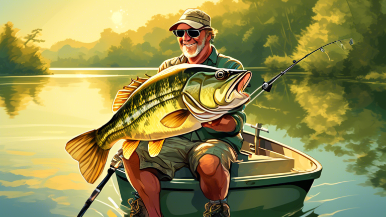 Create an image of Jeremy Matthews, a seasoned fisherman wearing a well-worn fishing hat and sunglasses, skillfully reeling in a large, impressive bass from a sparkling lake. His boat is surrounded by