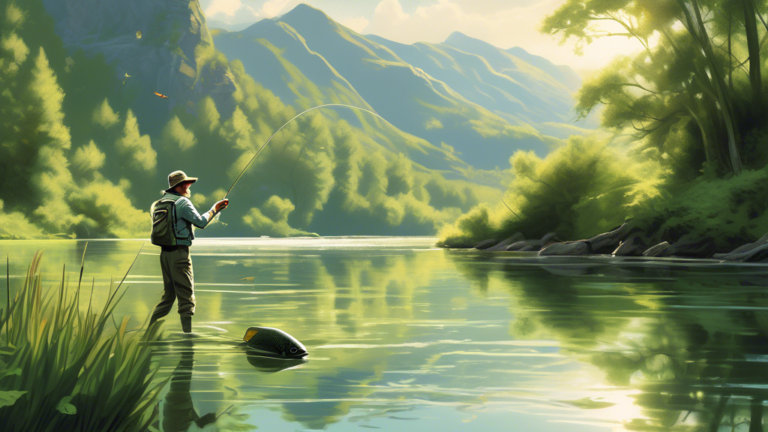 A detailed illustration of a serene river scene with a skilled angler fly fishing for bass. The angler is using precise casting techniques, surrounded by lush green vegetation and reflected sunlight o