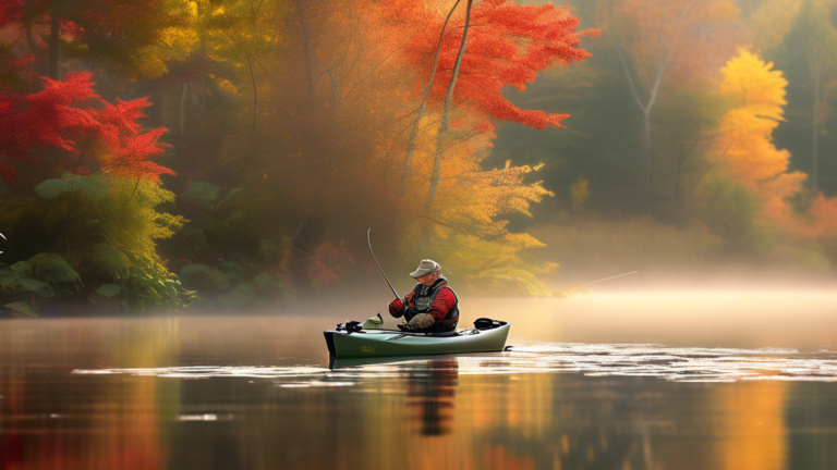 Create an image of an experienced angler in a sleek kayak, skillfully casting a line into a peaceful lake full of lily pads and aquatic plants. The background includes early morning light with a gentl