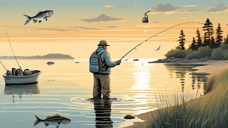 Create an illustration of an enthusiastic angler standing on a picturesque shoreline at dawn, casting a line into calm waters. They are equipped with high-quality fishing gear, and a nearby tackle box