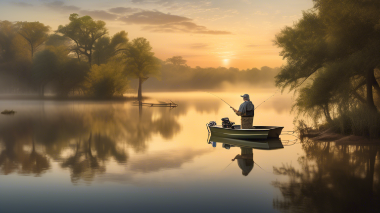 Create a realistic image of a serene lake in Texas during early morning, with a fisherman holding a record-breaking largemouth bass on a boat. Surrounding the lake are tall trees, mist rising from the