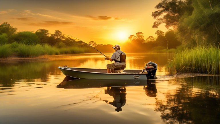 Create a scenic image of an angler bass fishing from a small boat on the serene waters of Marine Creek, surrounded by lush greenery and calm reflections on the water. Include various fishing gear like