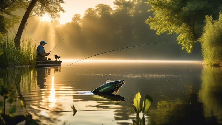 A vibrant lakeside scene at dawn with an angler skillfully casting a fishing rod from a boat, surrounded by tranquil waters and lush greenery. The angler's gear is organized and ready, showcasing vari