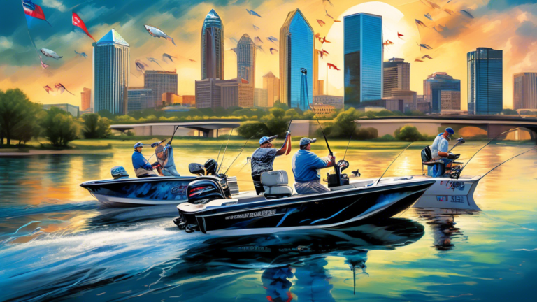 Create a detailed and vibrant image of a thrilling bass fishing tournament taking place in the Dallas-Fort Worth area. Showcase anglers on modern fishing boats casting their lines into pristine lakes