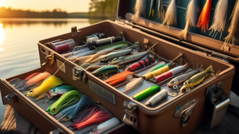 Create an image depicting a serene lakeside scene at sunrise with a detailed close-up of different types of fishing lines neatly arranged on a tackle box. Show the fishing lines labeled for catching b